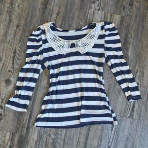Navy Blue and White Striped Top w/ Crotchet Collar